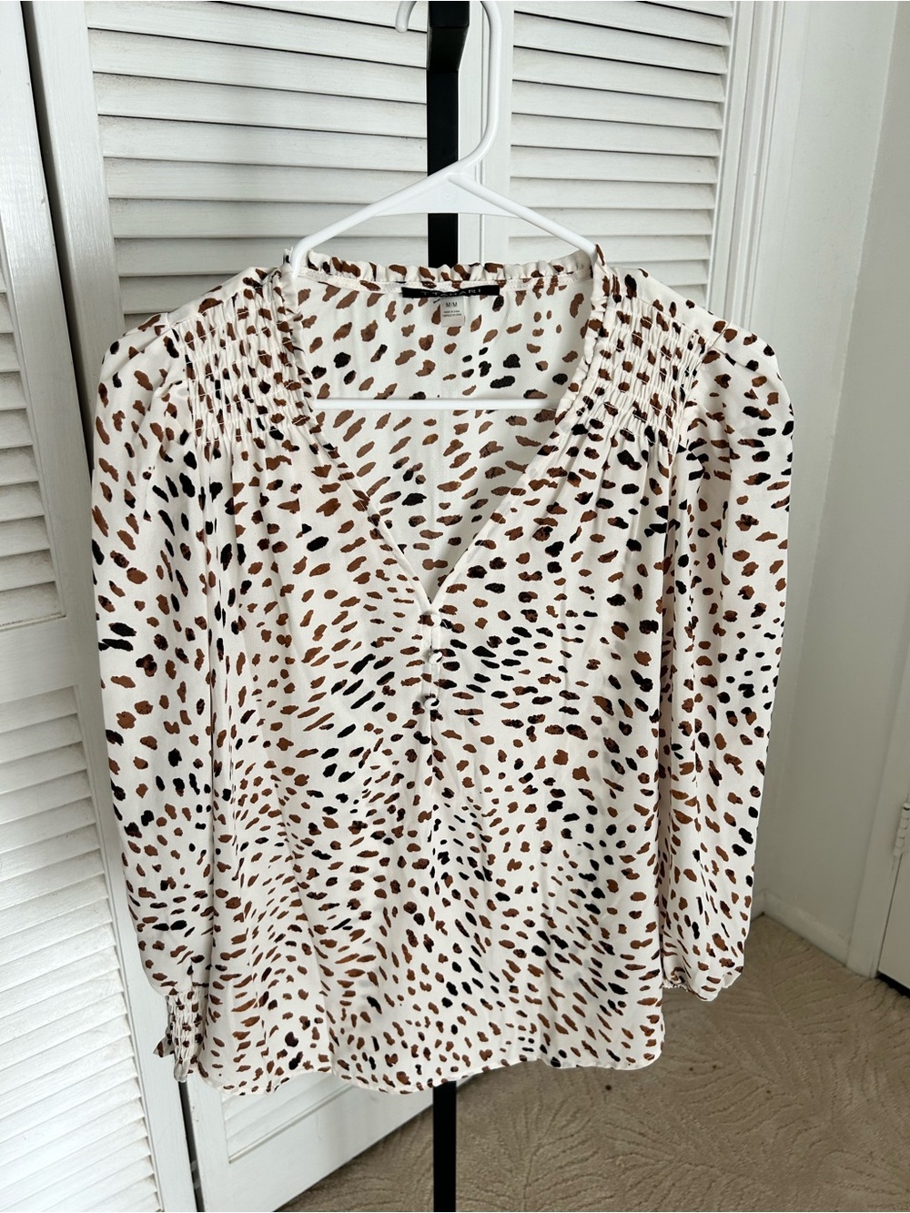 Tahari White Animal Print V-Neck Blouse with Brown and Black Spots
